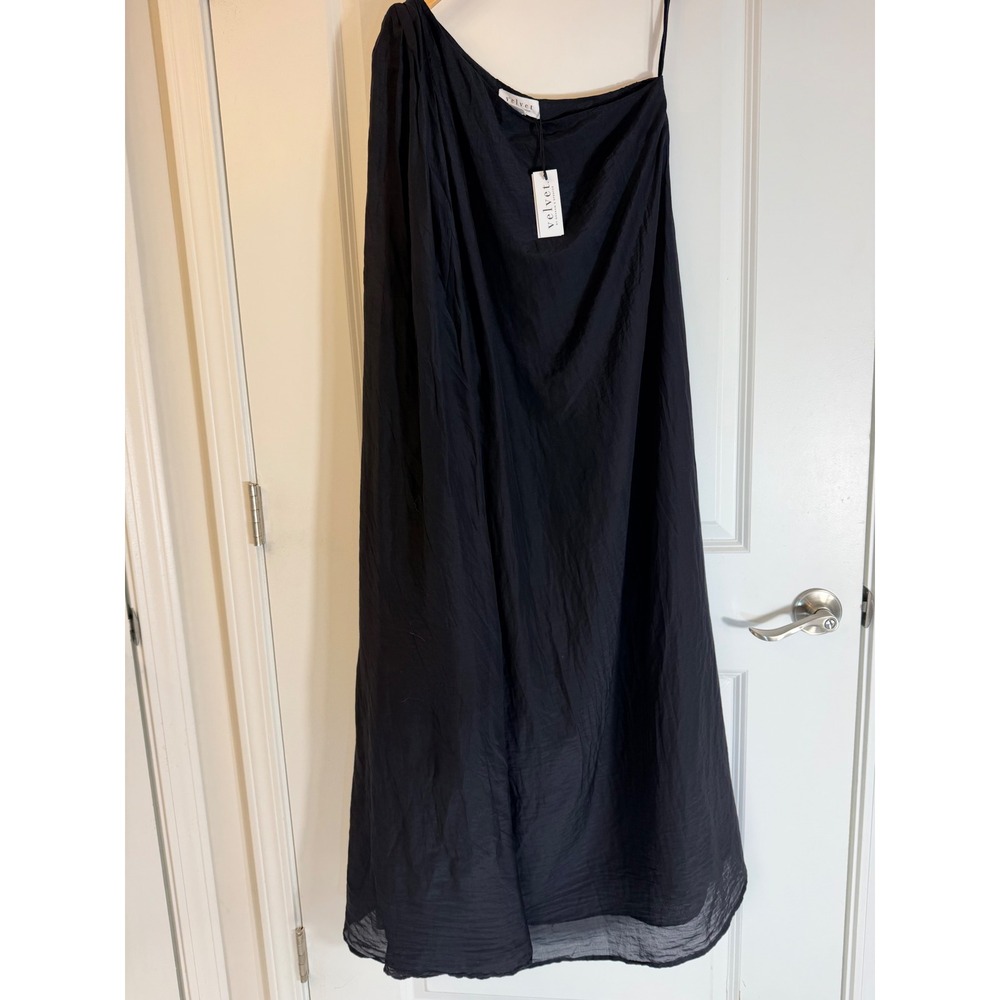 Velvet by Graham & Spencer Black Cotton Silk One Shoulder Maxi Dress Small NWT